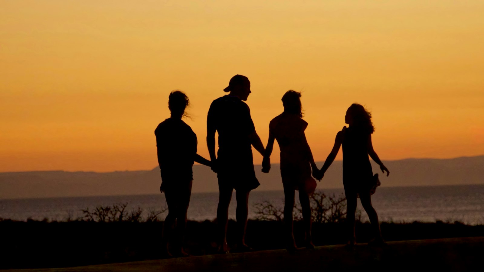 Silhueta de família de mãos dadas ao pôr do sol